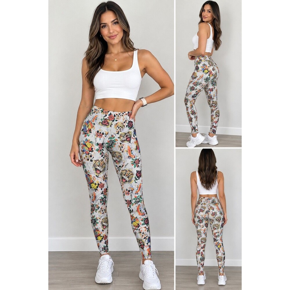 Y2K Ed Hardy Leggings All Over Print Skull Roses Tiger Koi  Size Jr XL Wmn's S/M
